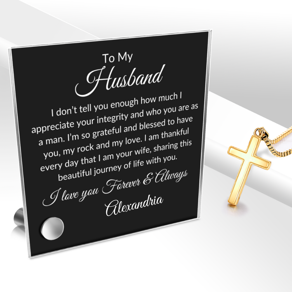 Husband-Gold or Silver Cross & Personalized Message Plaque - Kim’s Signature Beauty & Accessories    (Store description)