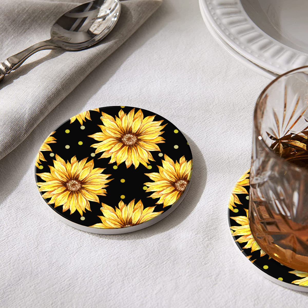 Black Coaster Set with Yellow Sunflowers - Kim’s Signature Beauty & Accessories    (Store description)