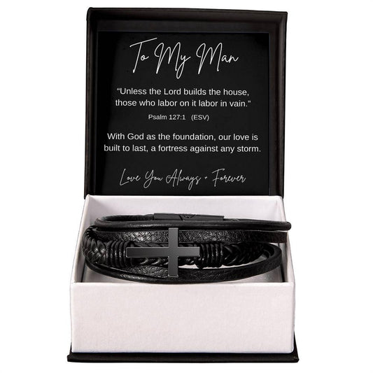 To My Man | Leather Cross Bracelet | Psalm 127:1 - Kim’s Signature Beauty & Accessories    (Store description)