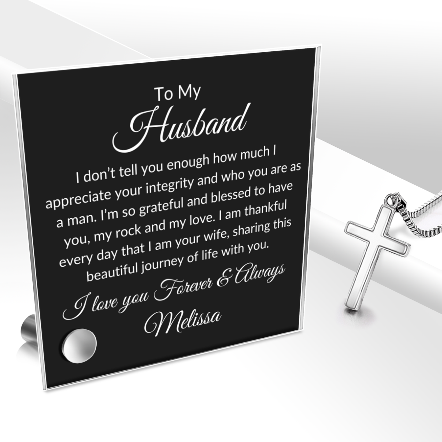 Husband-Gold or Silver Cross & Personalized Message Plaque - Kim’s Signature Beauty & Accessories    (Store description)