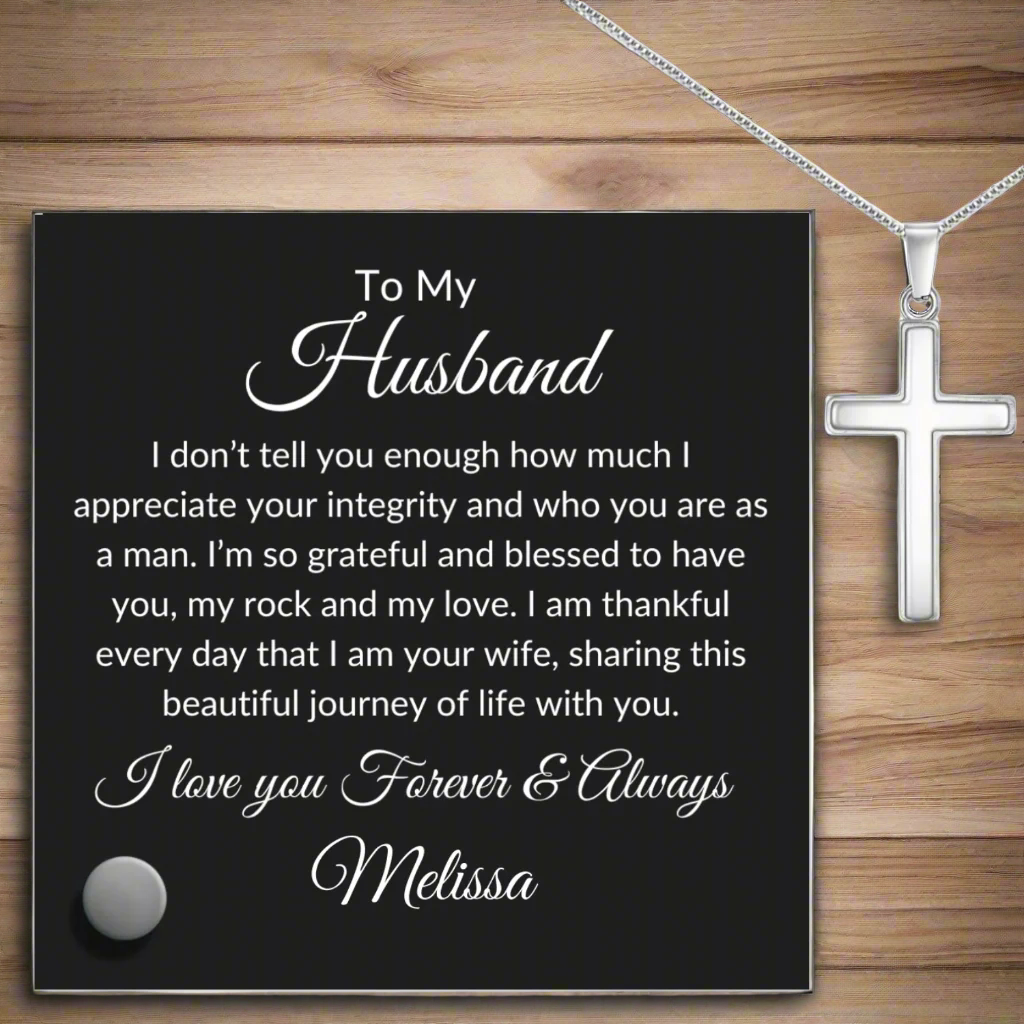 Husband-Gold or Silver Cross & Personalized Message Plaque - Kim’s Signature Beauty & Accessories    (Store description)