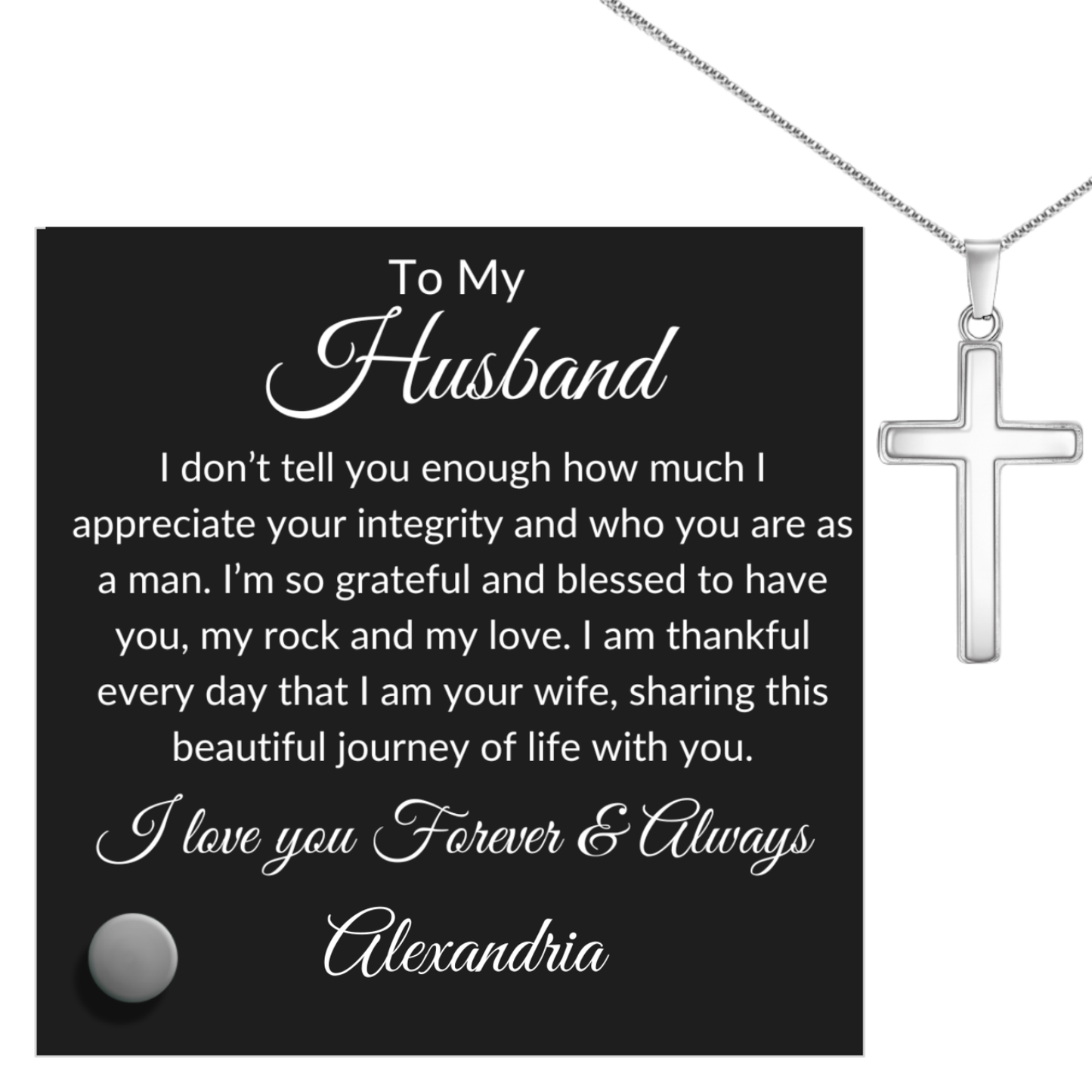 Husband-Gold or Silver Cross & Personalized Message Plaque - Kim’s Signature Beauty & Accessories    (Store description)