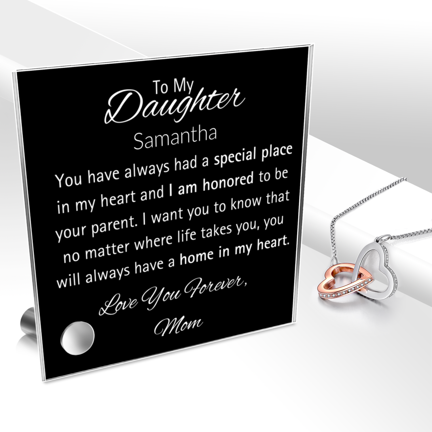 Daughter-Personalized Message Plaque with Heart Pendent Necklace - Kim’s Signature Beauty & Accessories    (Store description)